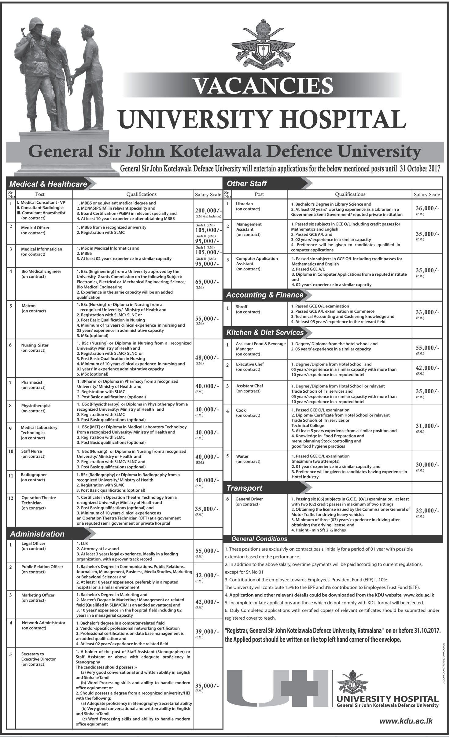 Management Assistant, Librarian, Computer Application Assistant, Nursing Sister, Pharmacist, Legal Officer, Marketing Officer, Network Administrator & more Vacancies - General Sir John Kotelawala Defence University